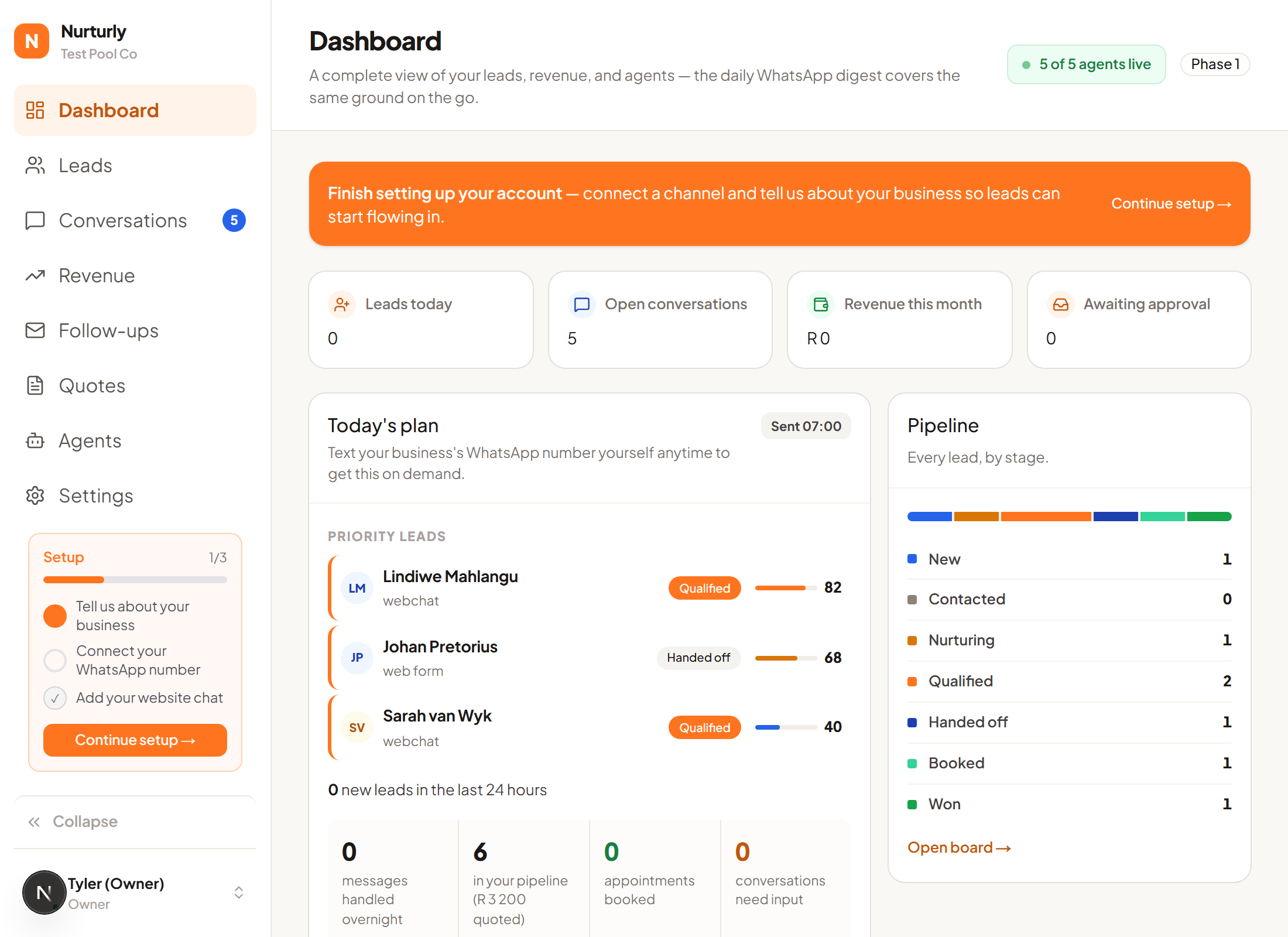 A real Nurturly dashboard showing Today's Plan and the pipeline breakdown