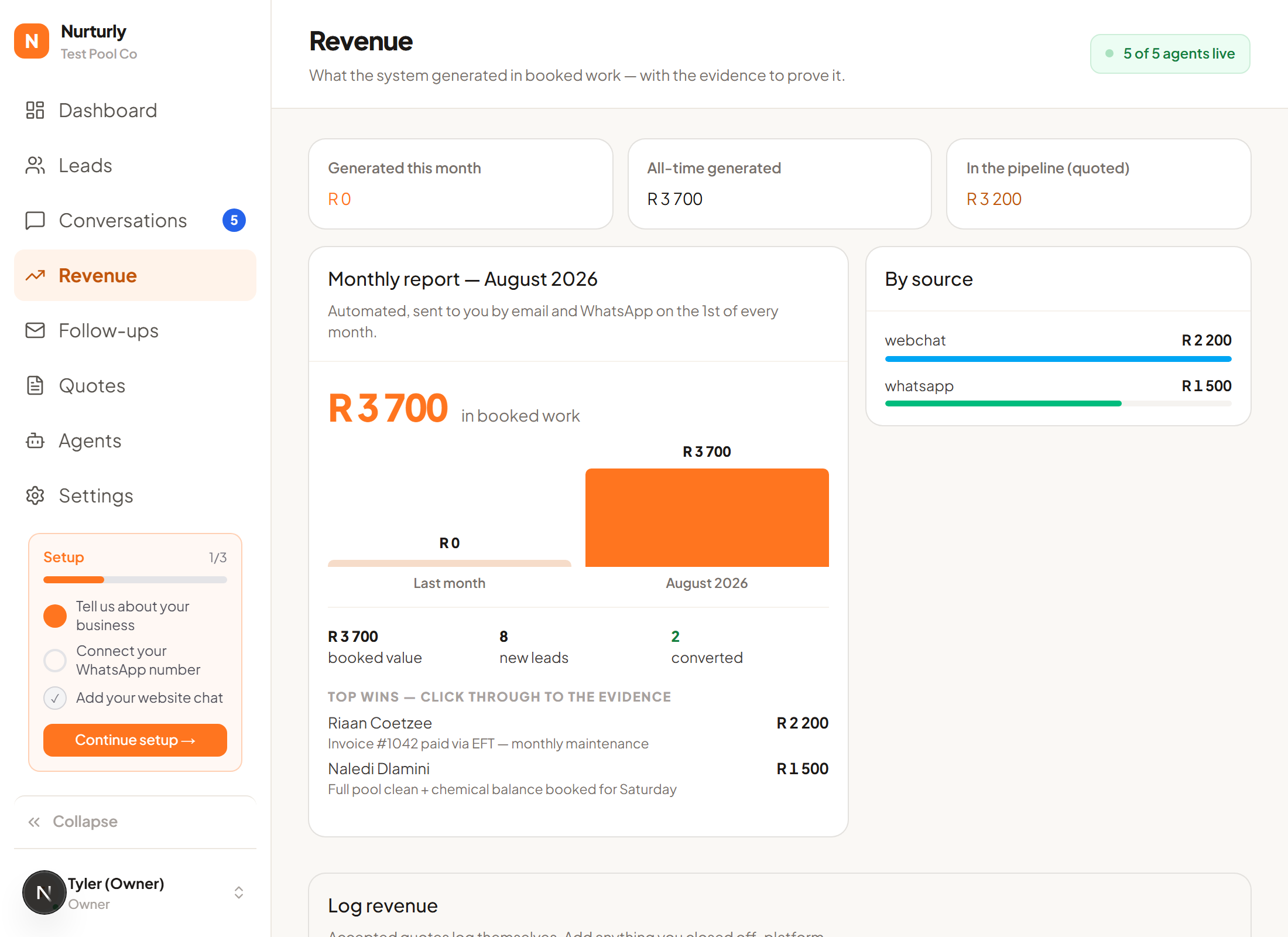 A real Nurturly monthly revenue report showing booked work and evidence by source
